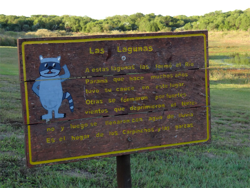Wooden interpretive sign about the lagoons, with a cartoon raccoon, in front of grassland and a lagoon edge
