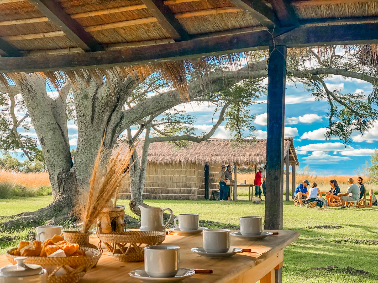 Merienda criolla bajo el quincho de paja en el Portal Carambola, Esteros del Iberá