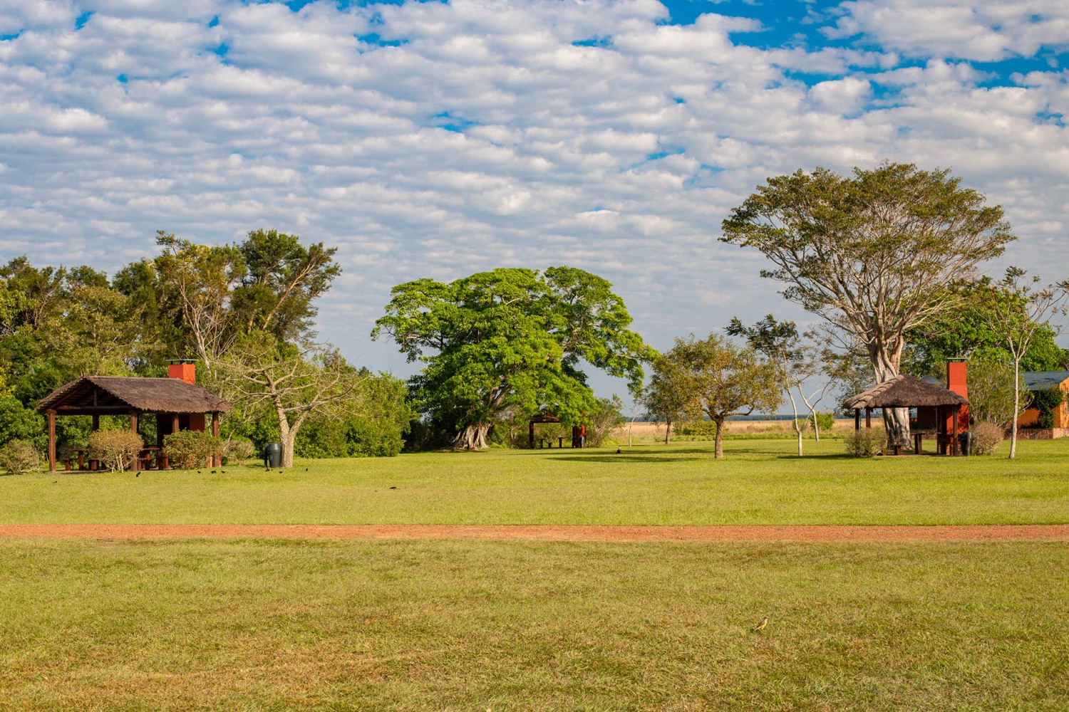 Área de camping con quinchos de paja en el Portal San Nicolás, Esteros del Iberá