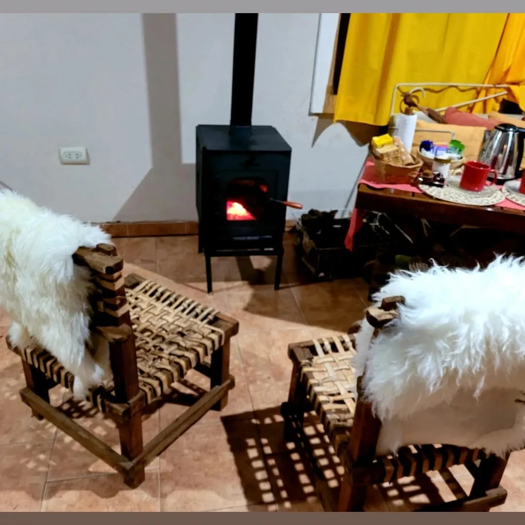 Estufa a leña y sillones con piel de oveja