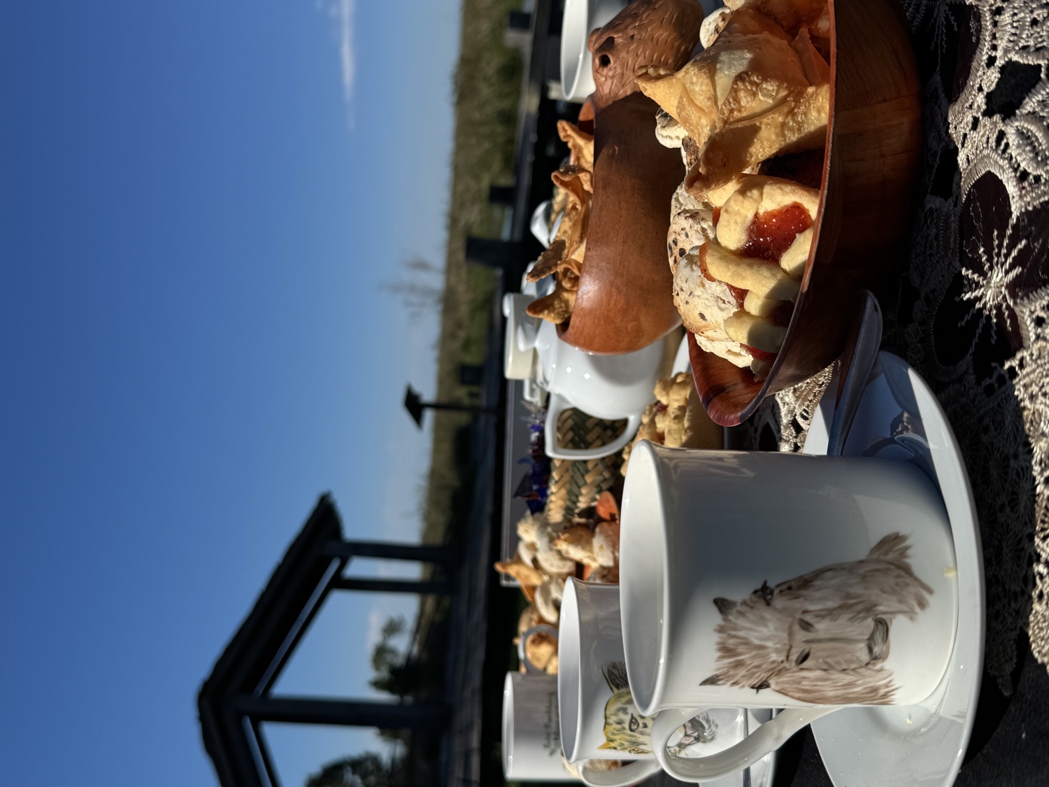 Merienda grupal al aire libre con los esteros de fondo