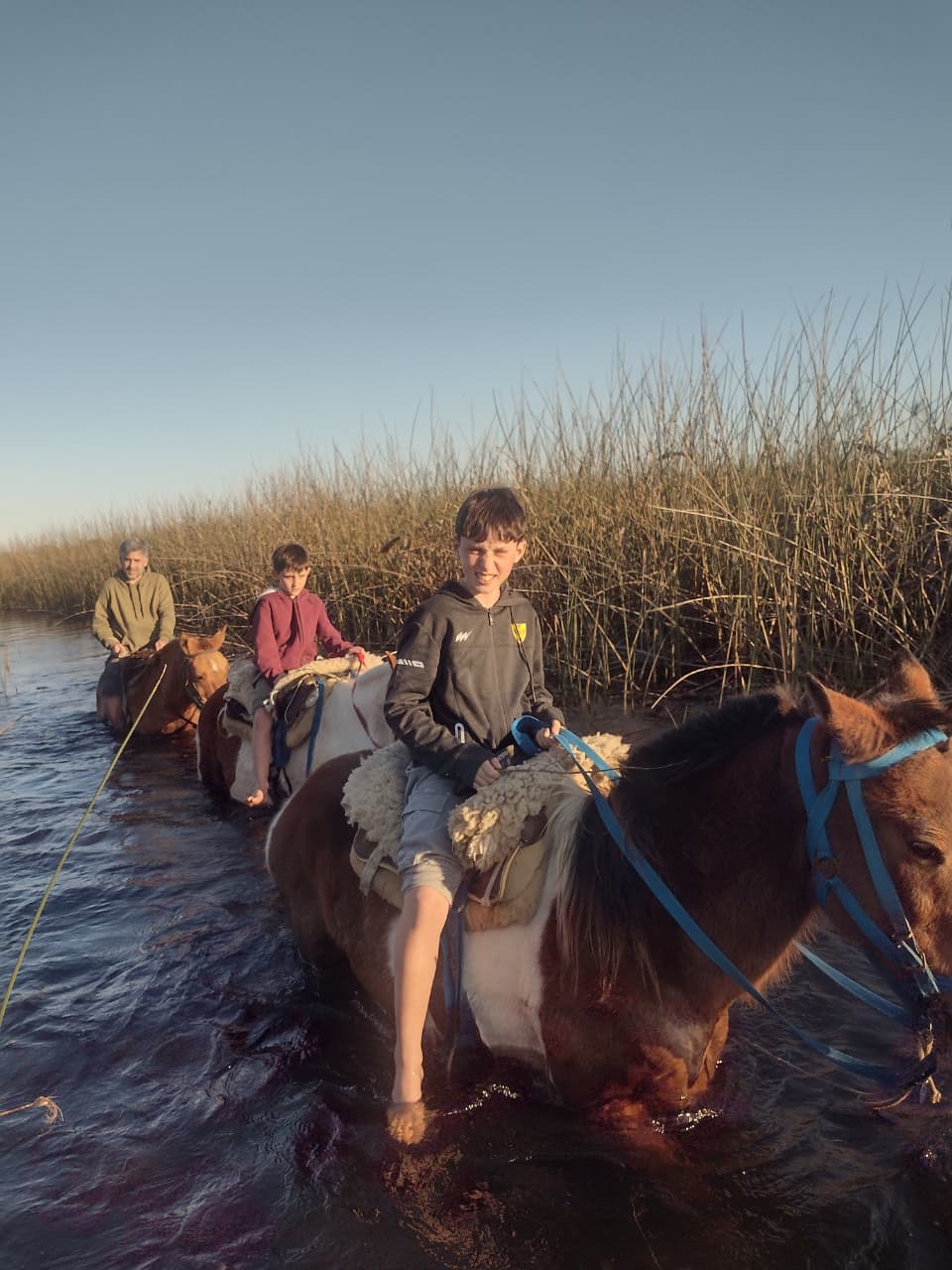 De frente, con el caballo metido en el agua