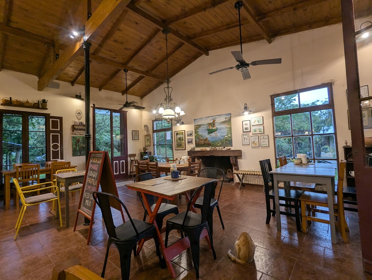 Salón interior con chimenea, techo de vigas y ventanas al jardín