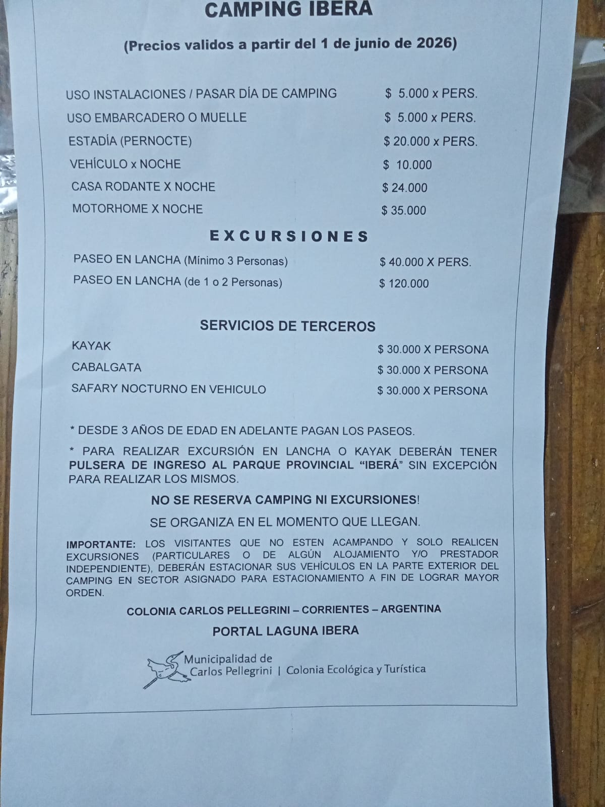 Tarifario oficial del camping, vigente desde el 1° de junio de 2026