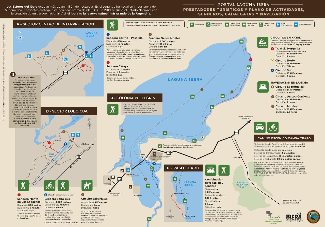 Mapa de senderos, cabalgatas y circuitos de kayak y lancha del Portal Laguna Iberá