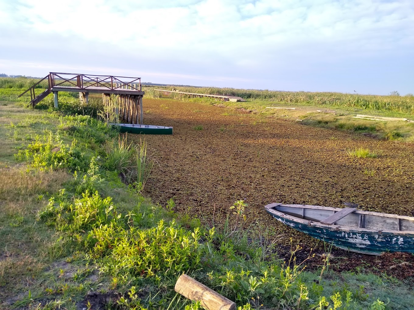 Muelle con botes y vista al humedal al atardecer