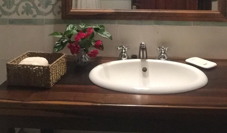 Detalle del baño con flores frescas