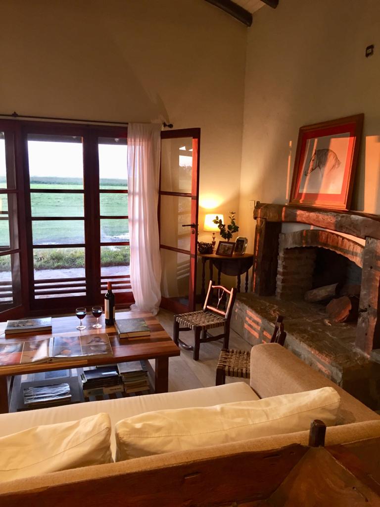 Sala de estar con biblioteca y hogar a leña