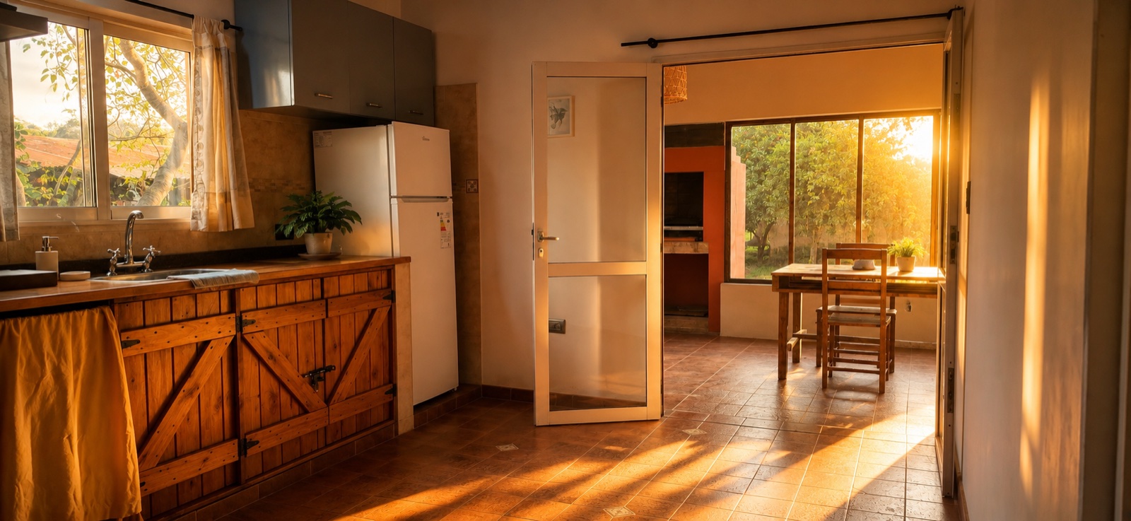 Cocina completa con paso al quincho, con la luz del atardecer