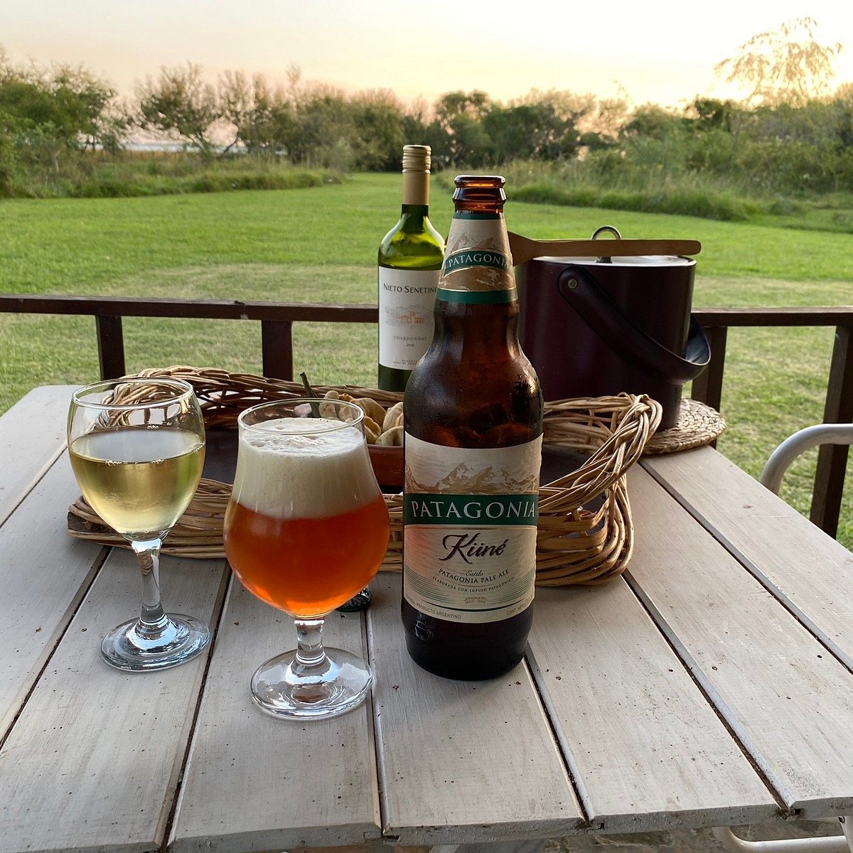 Aperitivo al atardecer  -  cerveza Patagonia y vino con vista al jardín