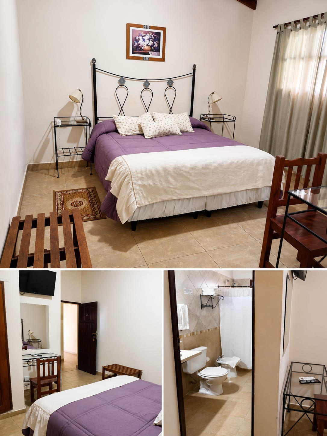 Habitación doble con cama matrimonial, mesa y baño privado