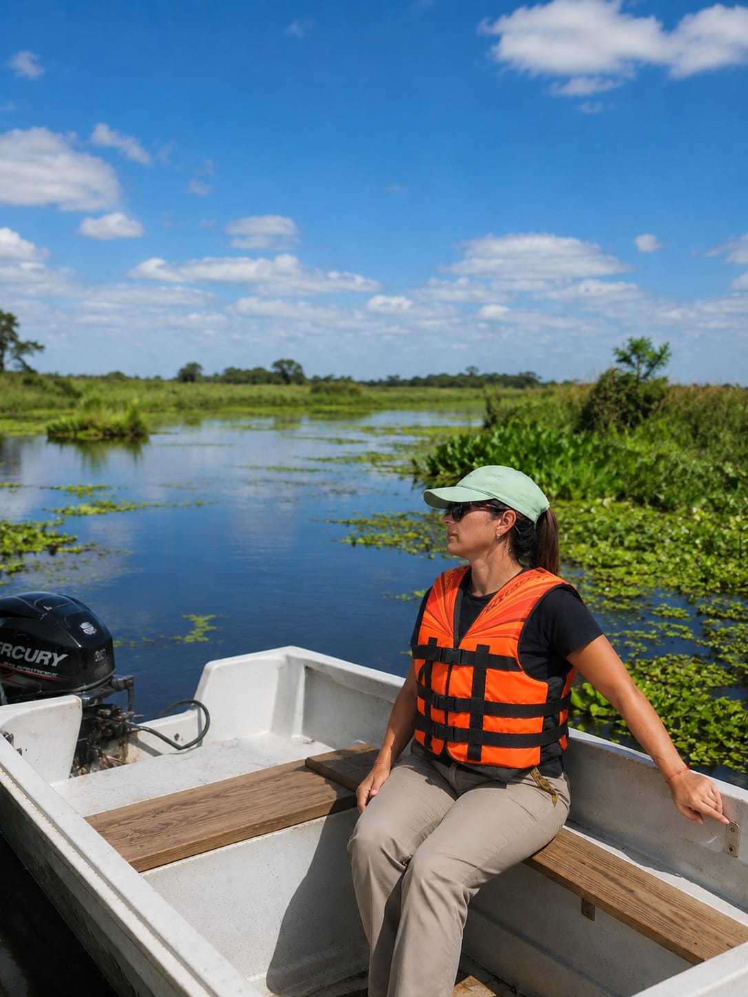 On board the boat among the water hyacinths