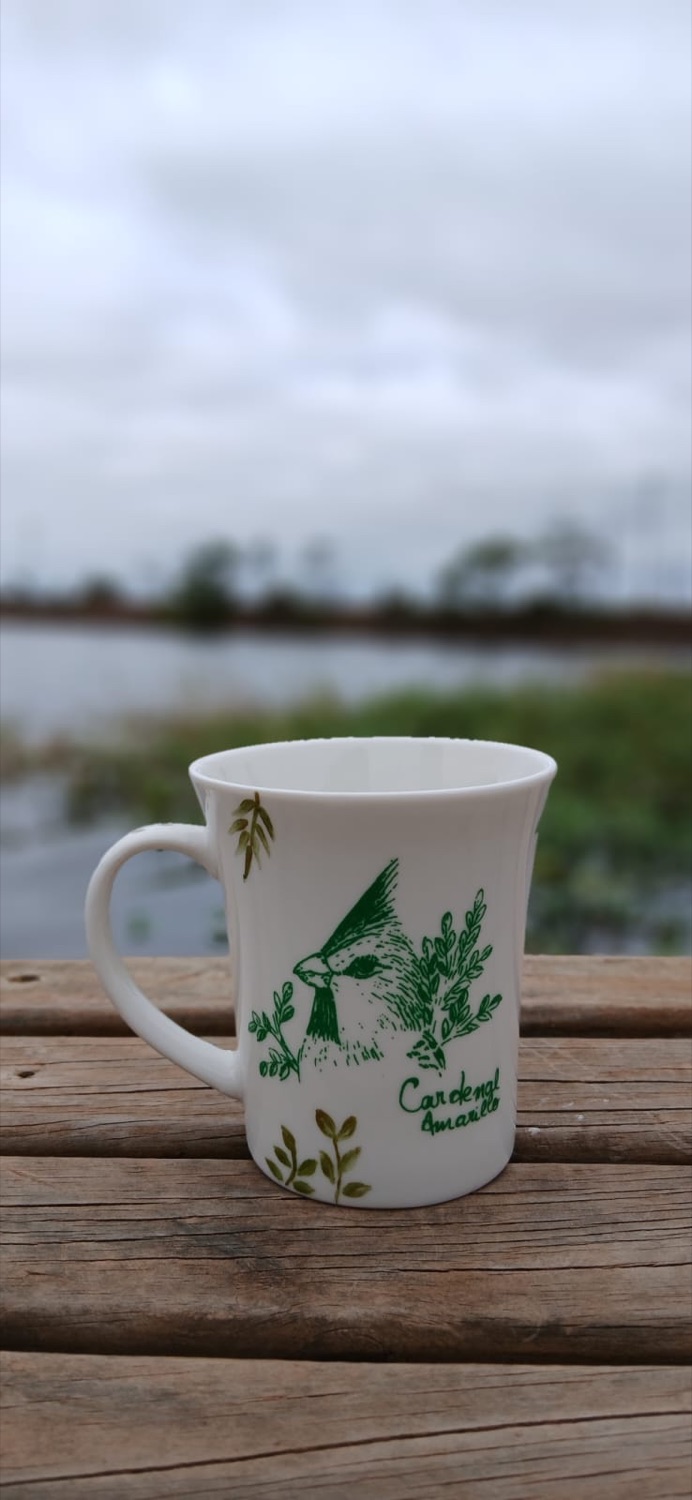 Taza de cerámica con el cardenal amarillo ilustrado a mano, frente a la laguna