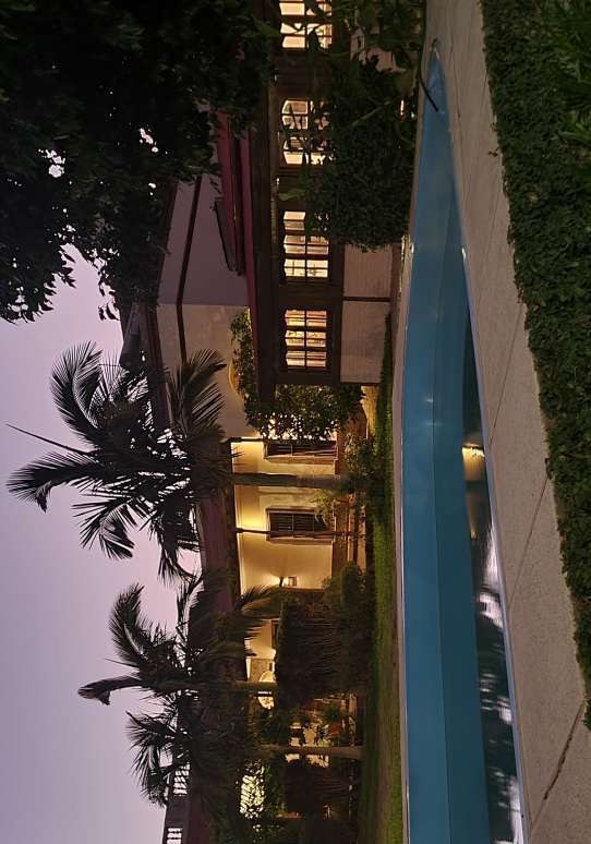 La posada de noche, con la pileta iluminada entre las palmeras