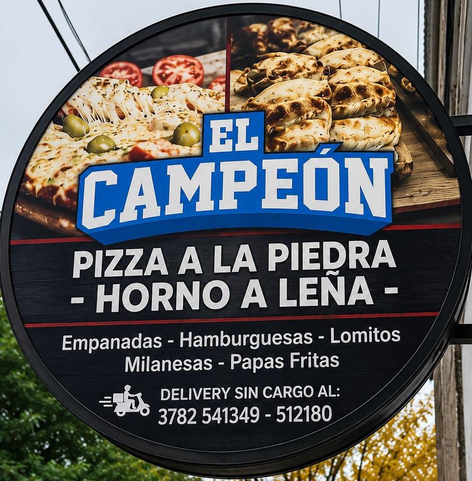 The shop sign: stone-baked pizza from a wood-fired oven, empanadas, burgers, lomitos and milanesas