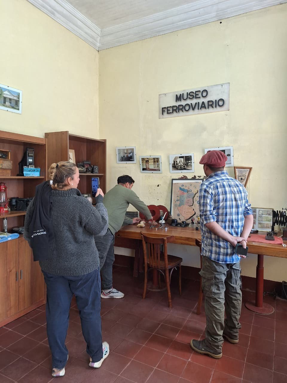 Visiting the Railway Museum, with old objects on the desk