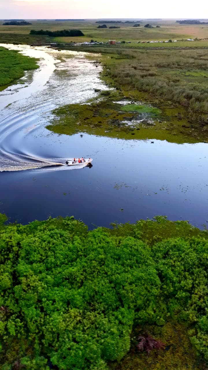 La lancha navegando los canales del Iberá, vista desde el aire
